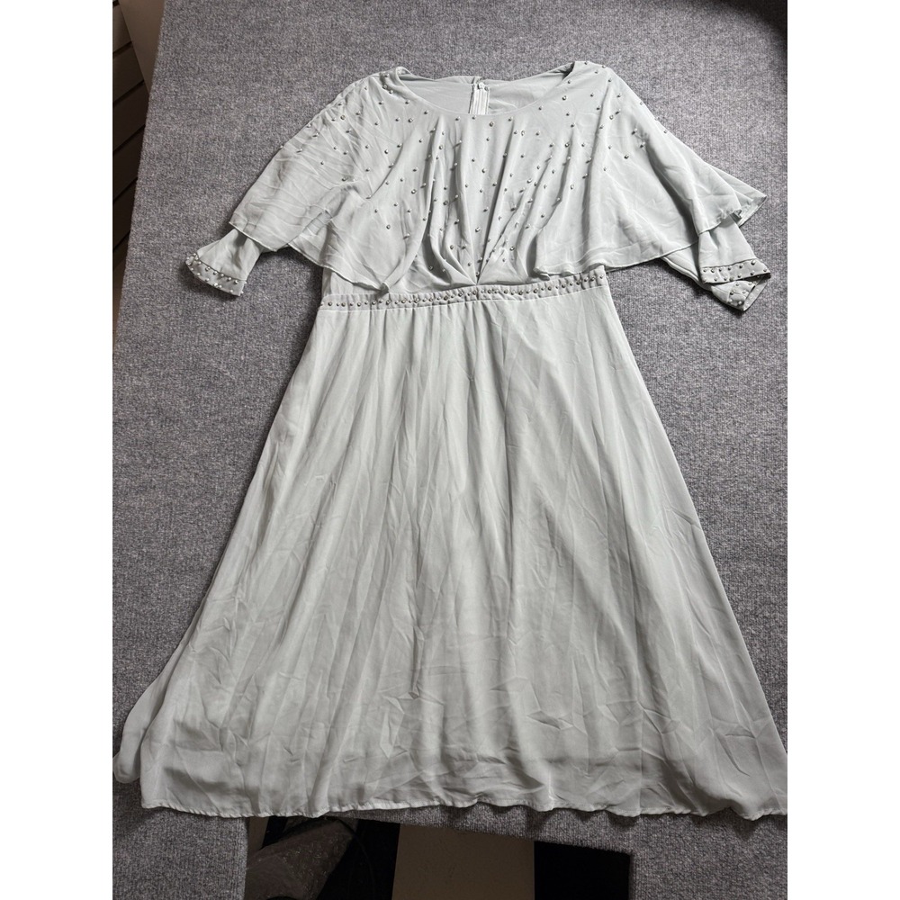 Sage Green Capelet Midi Dress Beaded Faux Pearl Flutter Sleeve Layered Sheath 4X